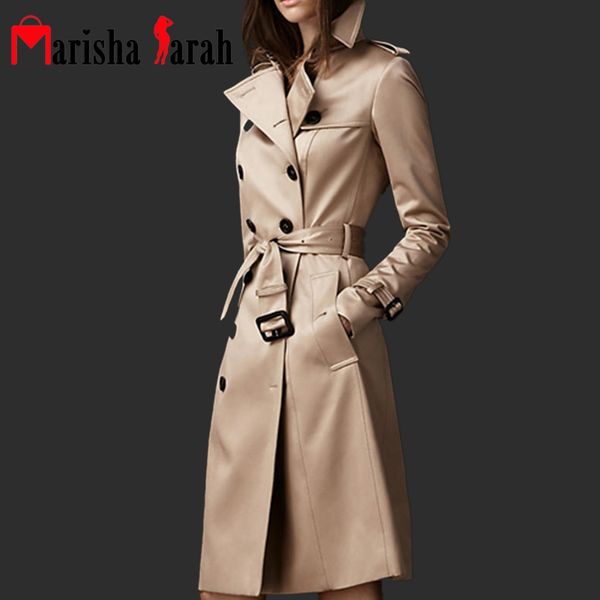 spring autumn casual trench coat for women plus size long double breasted slim windbreaker outerwear elegant overcoats, Tan;black